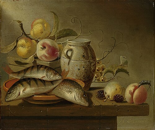 Still Life with Earthenware Jar, Fish and Fruit, 1652, Harmen Steenwijck