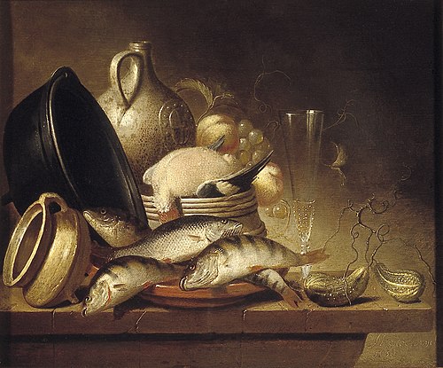 Stilleven met vis, kookpot en andere objecten, 1652, Harmen Steenwijck