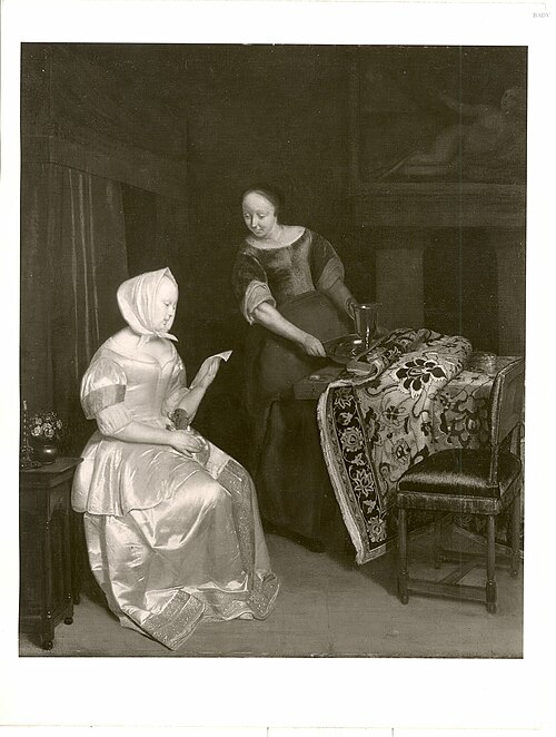 Interior with a woman reading a letter and a maid, 1659, Jacob Ochtervelt