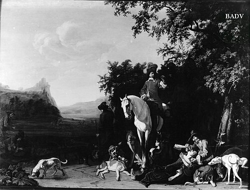 Landschaft mit Jagdgesellschaft auf der Rast, 1659, Jacob Ochtervelt
