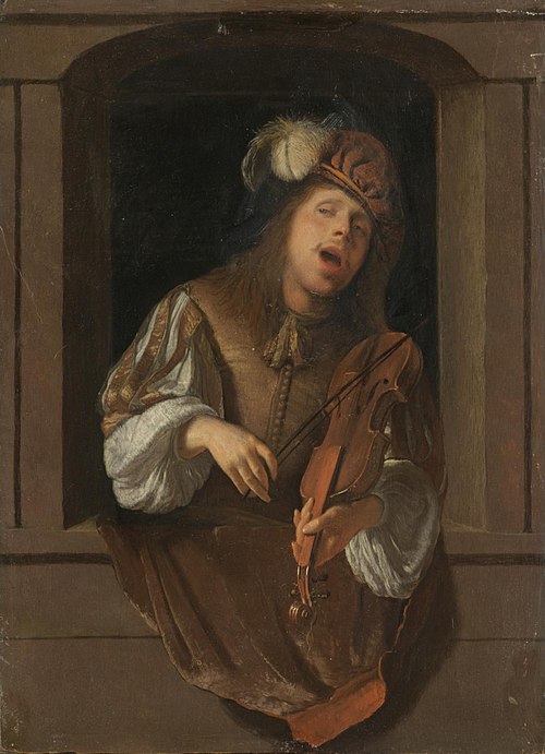 A singing violinist, probably a self-portrait, set within a niche, , Jacob Ochtervelt