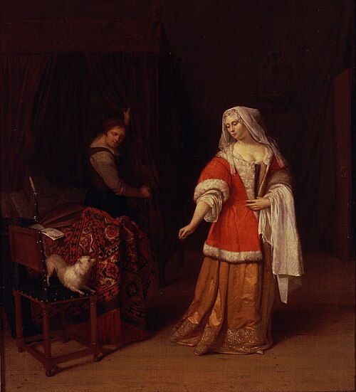 Interior scene with lady + maid, 1658, Jacob Ochtervelt
