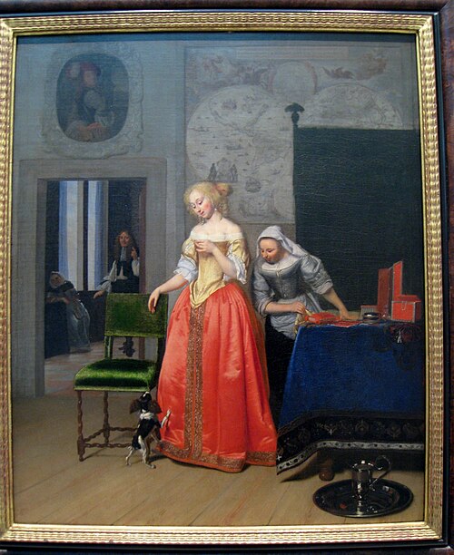 Jeune femme avec servante et petit chien dans un intérieur, 1671, Jacob Ochtervelt