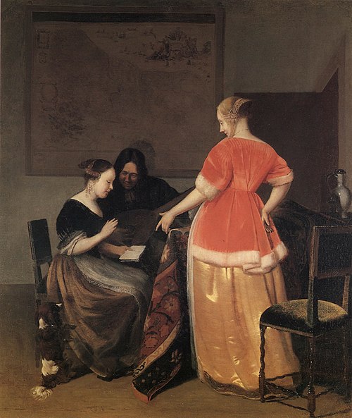Couple playing music and a woman looking on, 1667, Jacob Ochtervelt