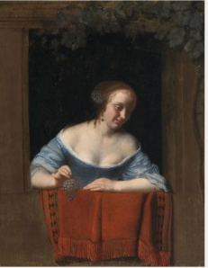 A Lady in a Window Holding a Bunch of Grapes, 1668, Jacob Ochtervelt