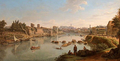 View up the Tiber from the Strada di Marmorata, 1710, Gaspar van Wittel