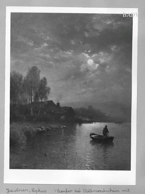 Landscape at moonlight fishing - men in a boat, 1879, Sophus Jacobsen