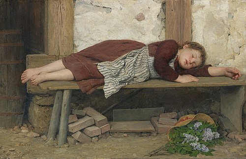 Sleeping girl on a wooden bench, , Albert Anker