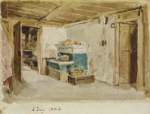 Farmhouse parlor with green stove, 1883, Albert Anker