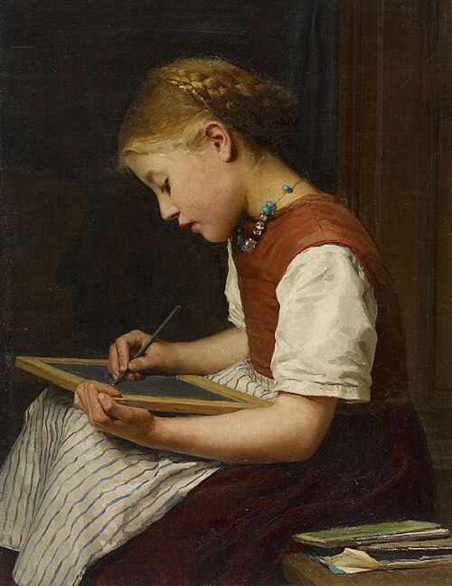 Schoolgirl doing homework, 1879, Albert Anker