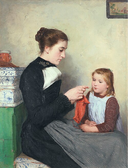 Knitting Bernese woman with child, , Albert Anker