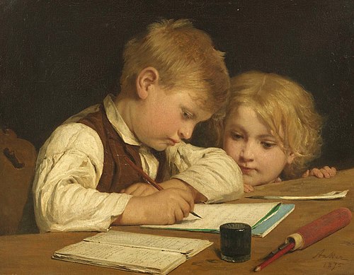 Writing boy with little sister I, 1875, Albert Anker