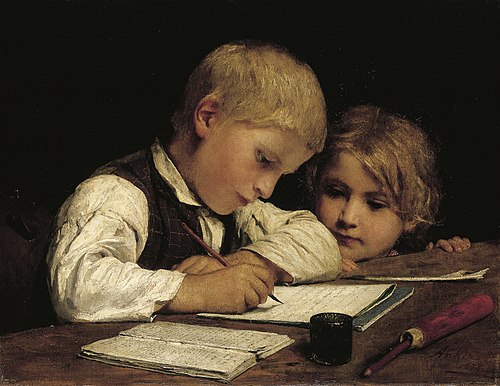 Writing boy with little sister II, 1875, Albert Anker