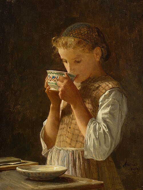 Girl, drinking coffee, 1870, Albert Anker