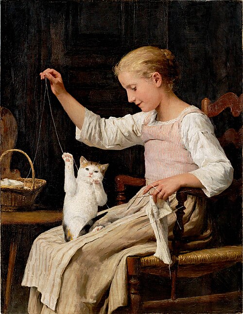 Girl playing with cat, 1887, Albert Anker