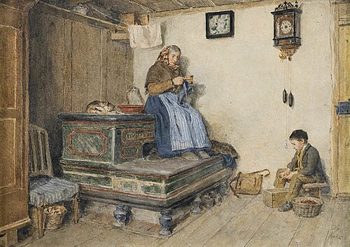 Sweet family scene at the tiled stove, , Albert Anker