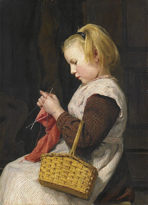 Strickendes Mädchen mit Korb, 1897, Albert Anker