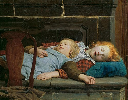Deux fillettes endormies sur le fourneau, 1895, Albert Anker