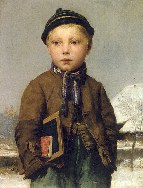 Garçon de l'école à l'ardoise dans un paysage enneigé, 1875, Albert Anker