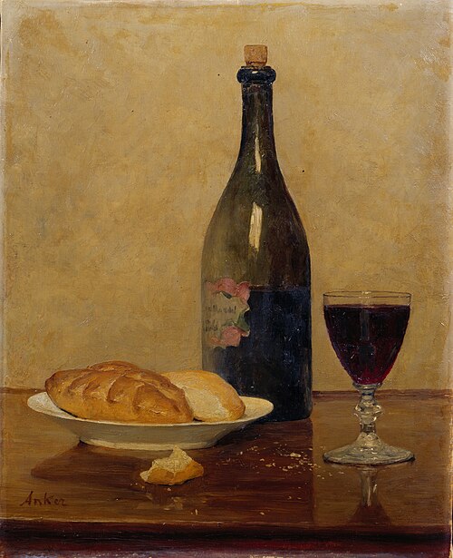 Stillleben: Alter Wein und Brot, 1896, Albert Anker
