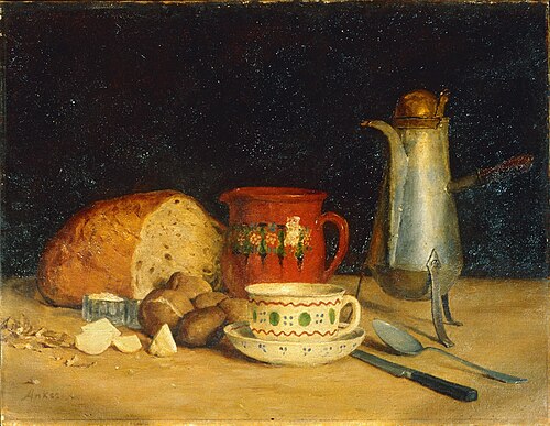 Still life with coffee pot, milk jug, cup, bread and potatoes, 1902, Albert Anker