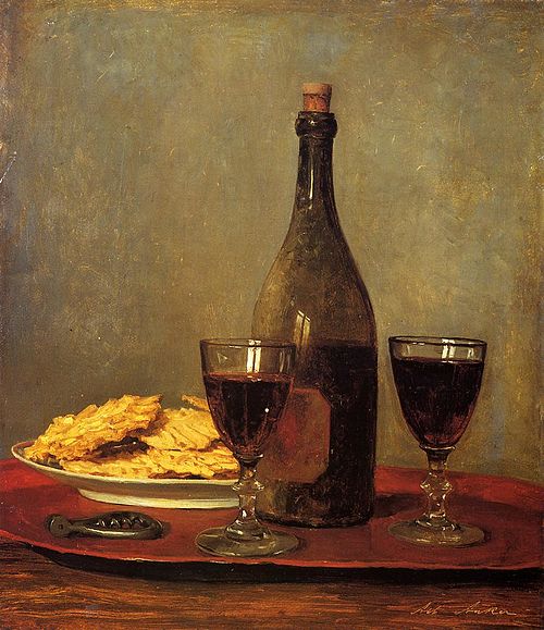 Still-life with red wine, , Albert Anker