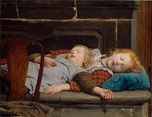 Zwei schlafende Mädchen auf der Ofenbank, 1895, Albert Anker