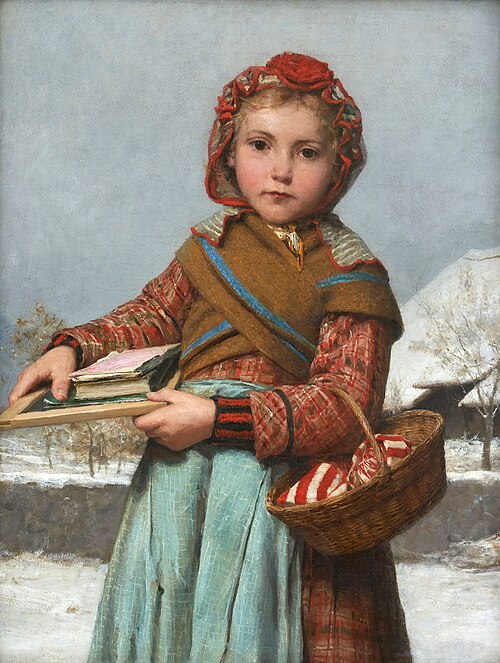 School girls with slate board and sewing basket, 1878, Albert Anker