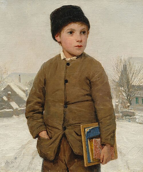 Schulknabe mit Pelzmütze in Schneelandschaft, 1877, Albert Anker