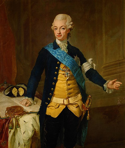 König Gustav III. (1746-1792) von Schweden in Uniform, Kniestück, 1771, Lorens Pasch le jeune
