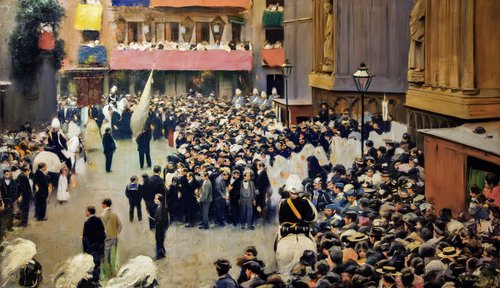La procession du Corpus Christi au départ de l'église Santa Maria del Mar, 1897, Ramón Casas