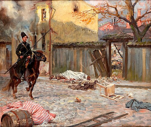 Scene from Russian village with Cossack, 1907, Wojciech Kossak