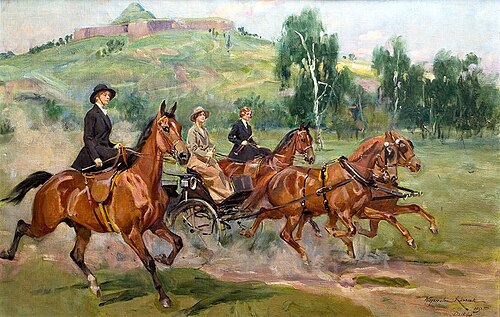 Zofia, Maria i Róża Tarnowskie podczas konnej przejażdżki na krakowskich Błoniach, 1925, Wojciech Kossak