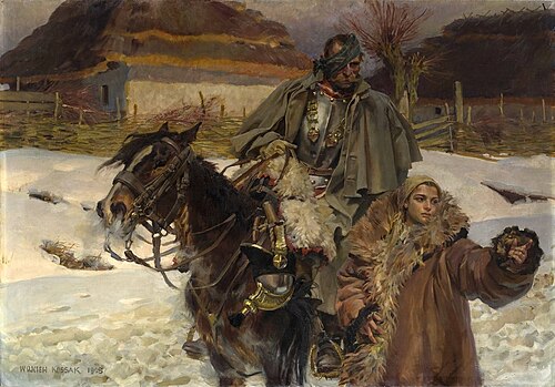 Ranny kirasjer i dziewczyna., 1908, Wojciech Kossak