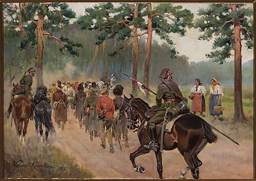 Uhlans escorting captives down a forest track, 1927, Wojciech Kossak
