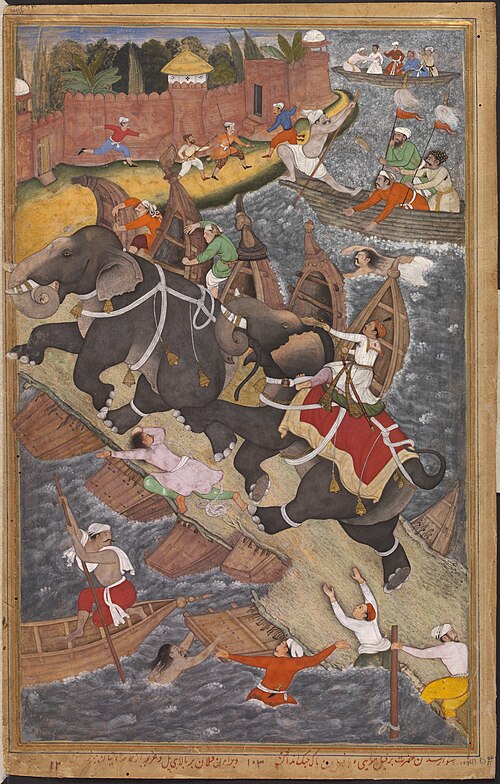 Akbar dompte l'éléphant furieux Hawa'i devant le fort d'Agra en 1561, 1590, Basawan
