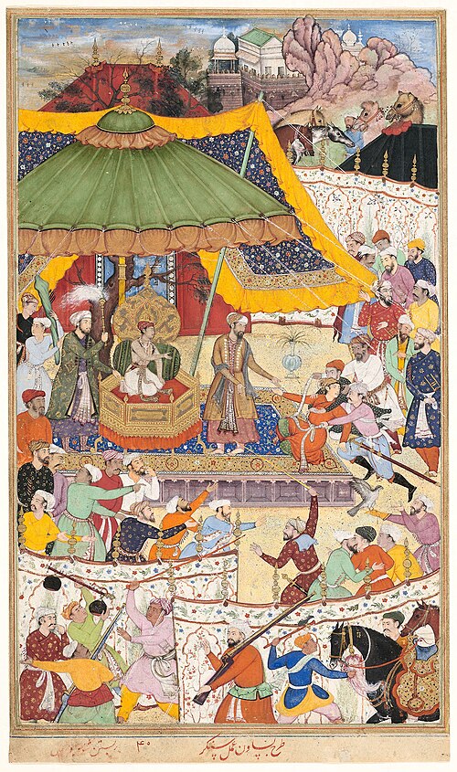 The Young Emperor Akbar Arrests the Insolent Shah Abu’l-Maali, page from a manuscript of the Akbarna, 1590, Basawan