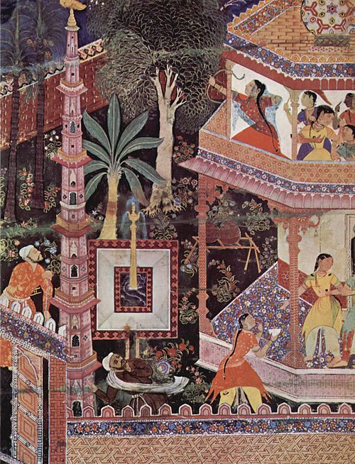 Mihrdukht aims her arrow at the ring, 1570, Basawan