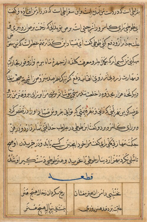 Page from Tales of a Parrot (Tuti-nama): text page, 1560, Basawan