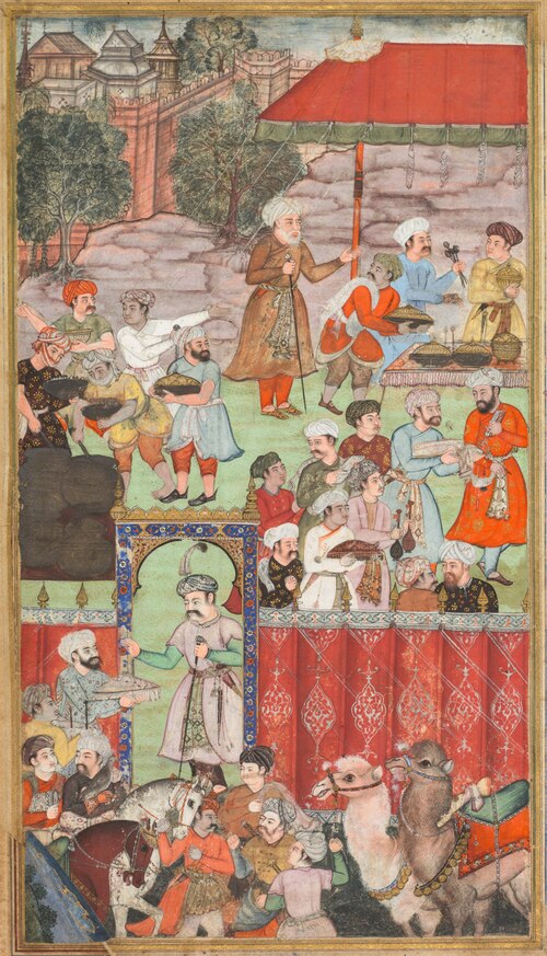 A feast for Babur hosted by his half-brother Jahangir Mirza in Ghazni in May 1505, from a Babur-nama, 1589, Basawan