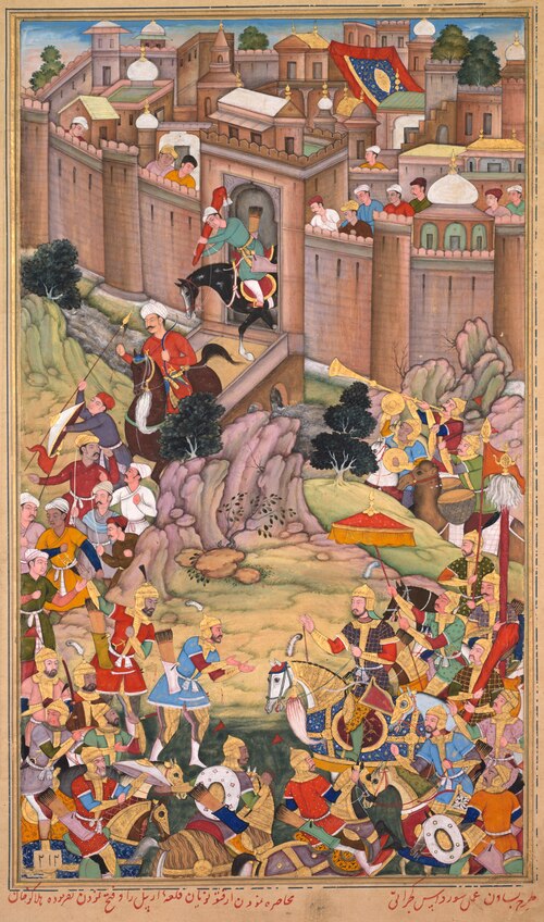 The siege of Arbela in the era of Hulagu Khan, from a Chingiz-nama (Book of Chingiz Khan) of the Jam, 1596, Basawan