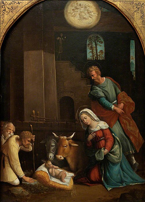 The Adoration of the Shepherd, with the Annunciation to the Shepherds beyond, 1516, Benvenuto Tisi