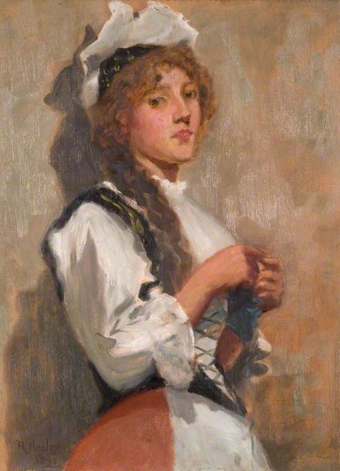 A Girl in Costume Knitting, 1893, Ralph Hedley