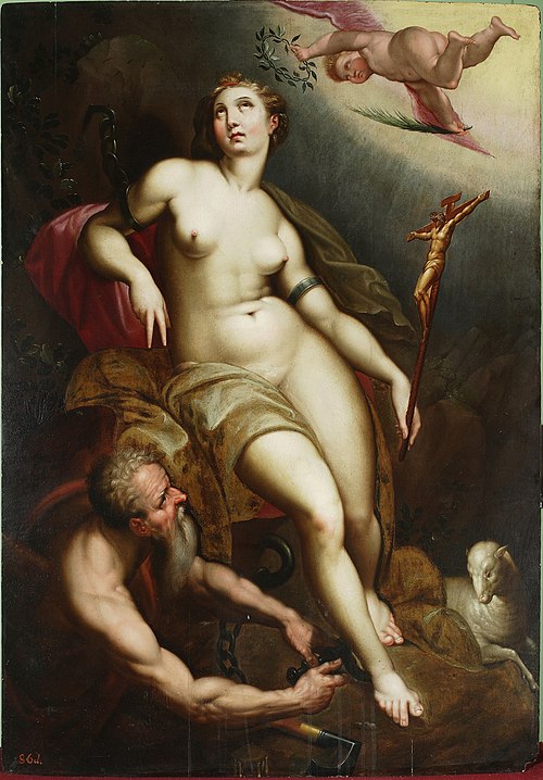 Allegory of Christian patience with Chronos releasing her from the shackles, 1590, Jacob de Backer