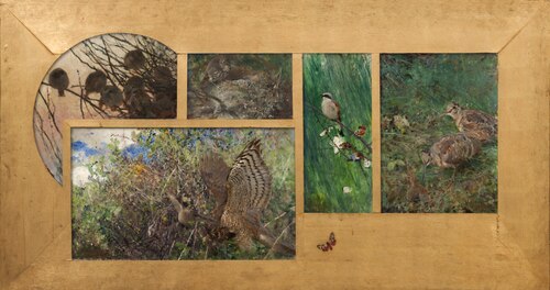 Woodcocks, Red-backed Shrike, Thrush in its Nest, Preying Hawk, Sparrows, 1888, Bruno Liljefors