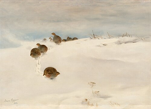 Grey partridges in winter landscape, 1926, Bruno Liljefors