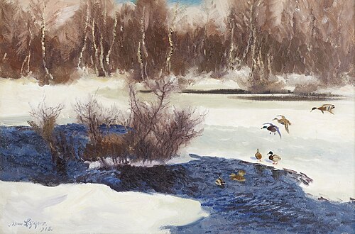 Mallards at a frozen watercourse, 1918, Bruno Liljefors