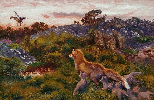 A fox family with stretching mallard, 1914, Bruno Liljefors