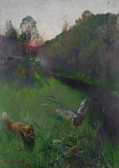 Afternoon landscape with fox and seabirds, 1889, Bruno Liljefors