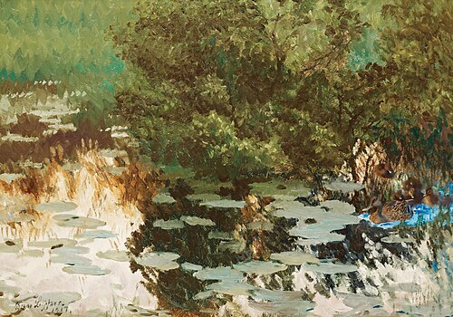 Duck family among water lilies., 1917, Bruno Liljefors